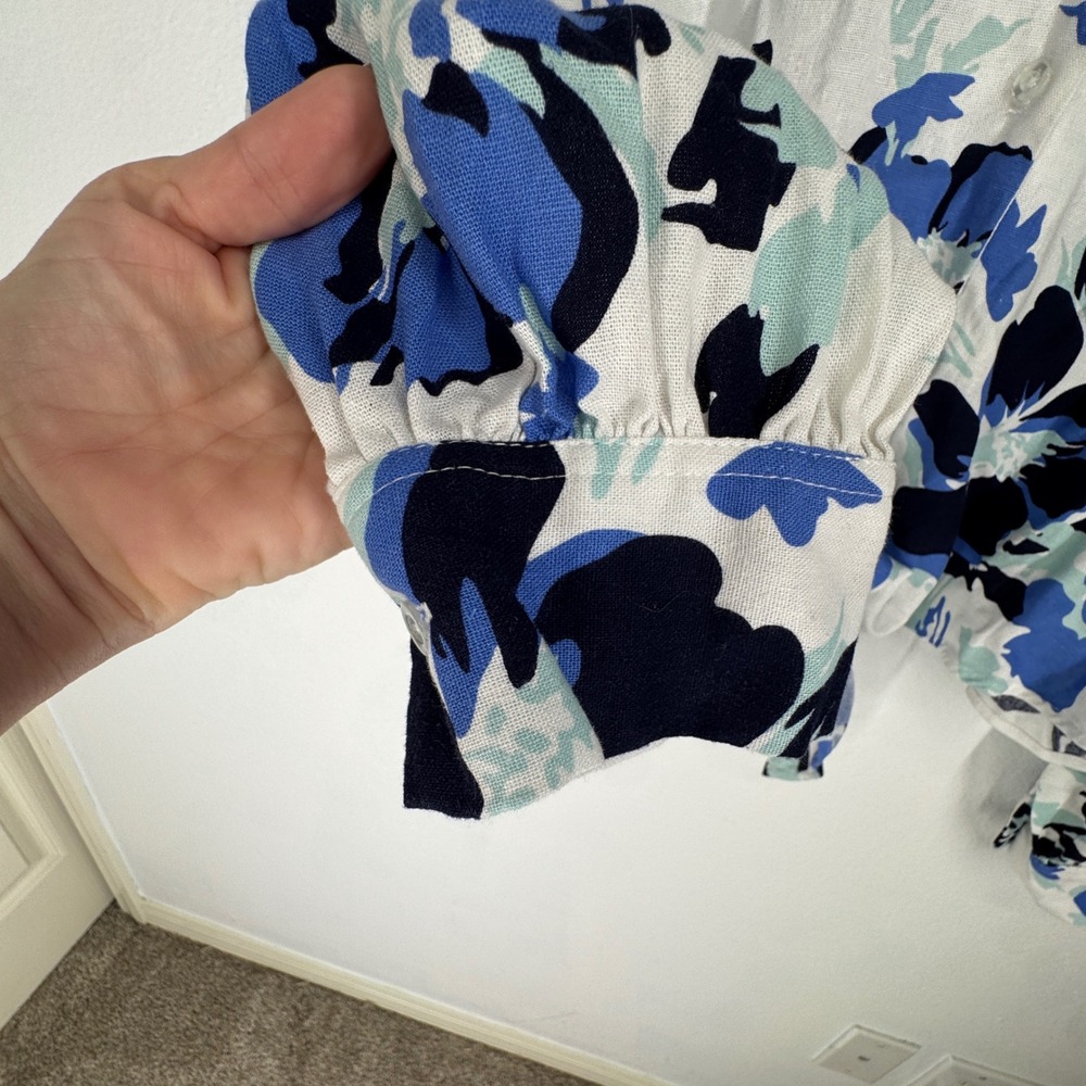 Women Floral Linen Tie Front Button Top Blouse XL Blue Coastal Minimalist Resort - Picture 7 of 9